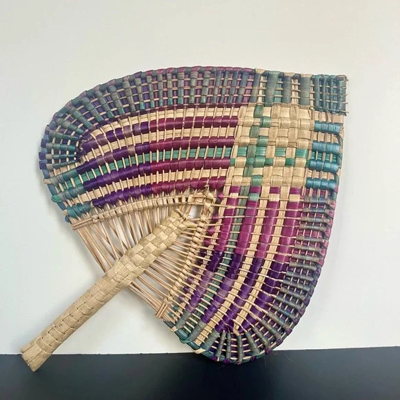 Hand Crafted Woven Palm Bamboo Fan Bohemian Boho Purple Green Natural Materials - Picture 4 of 6